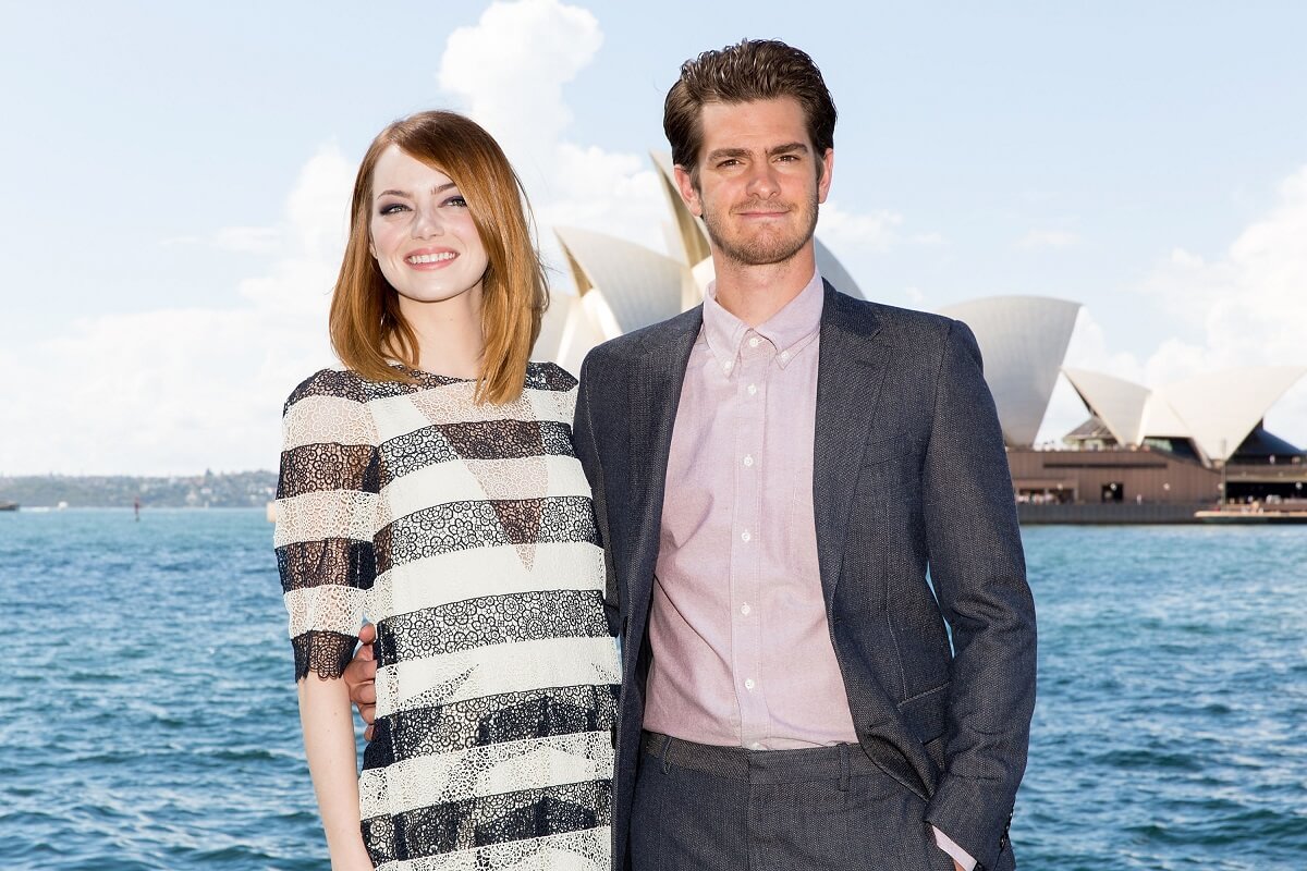 Emma Stone and Andrew Garfield taking a picture at a photocall for 'The Amazing Spider-Man 2'.