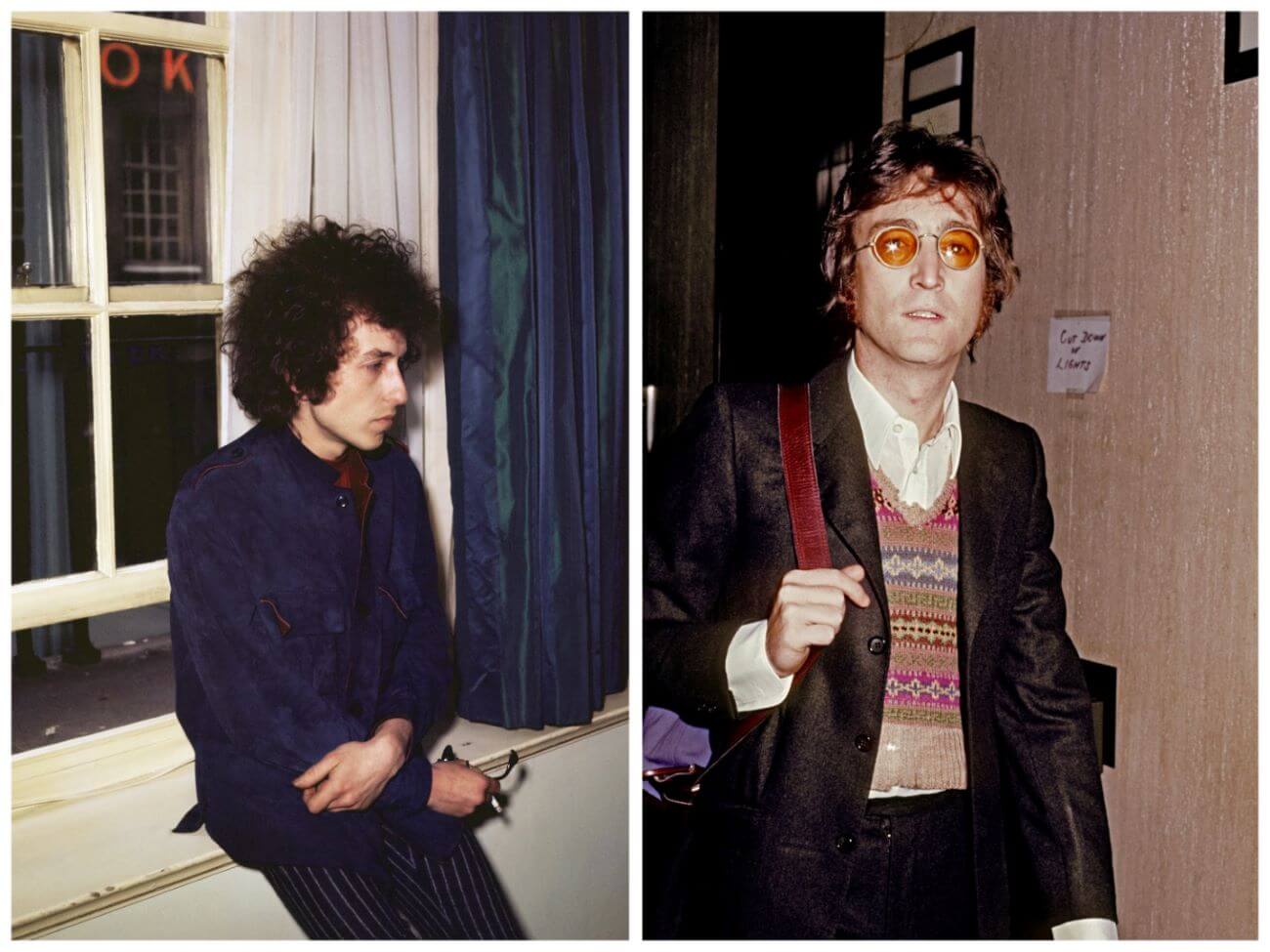 Bob Dylan sits on a windowsill. John Lennon wears sunglasses and carries a bag over his shoulder.