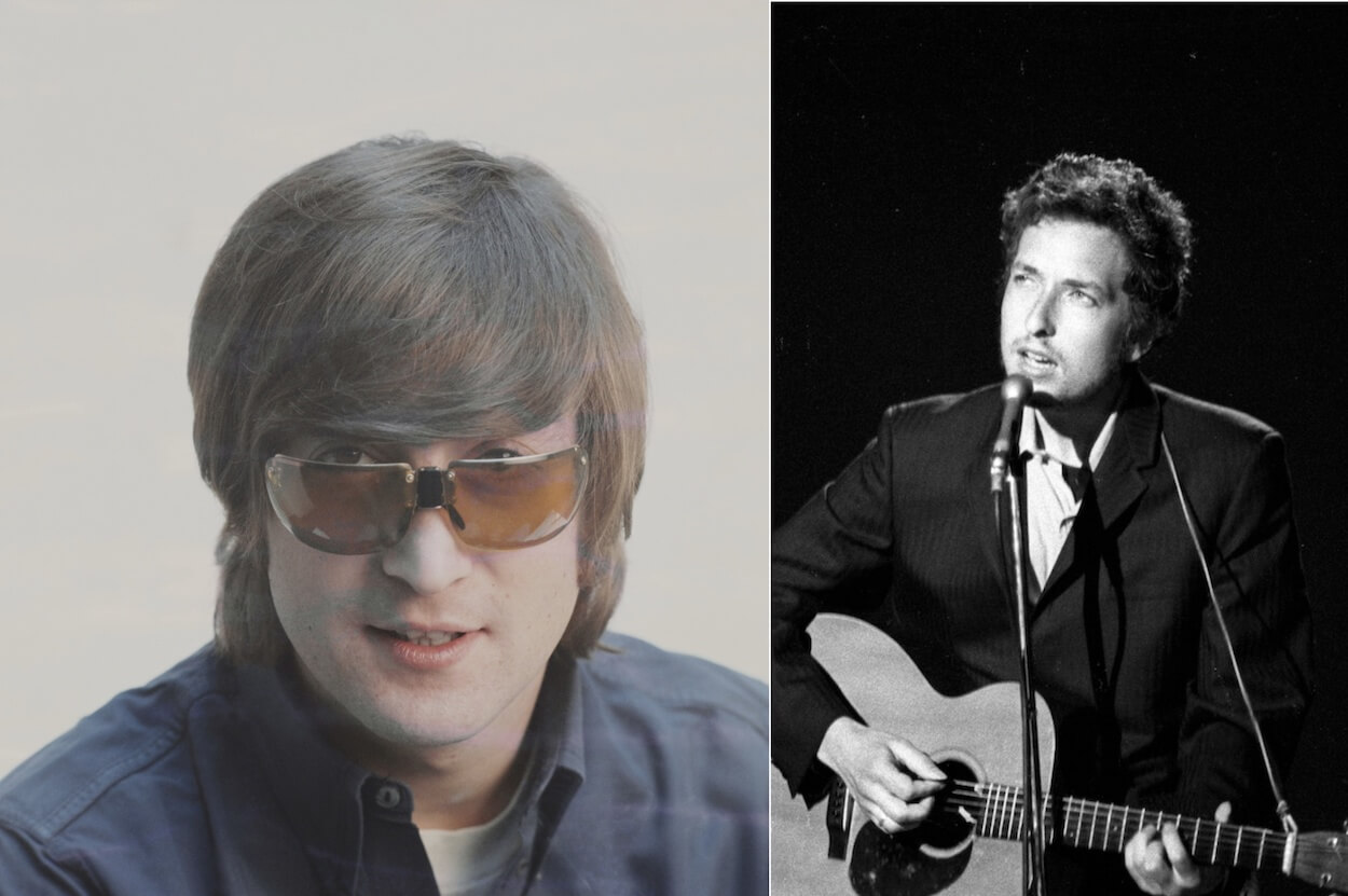 John Lennon wearing sunglasses and a blue shirt; Bob Dylan playing guitar in 1969