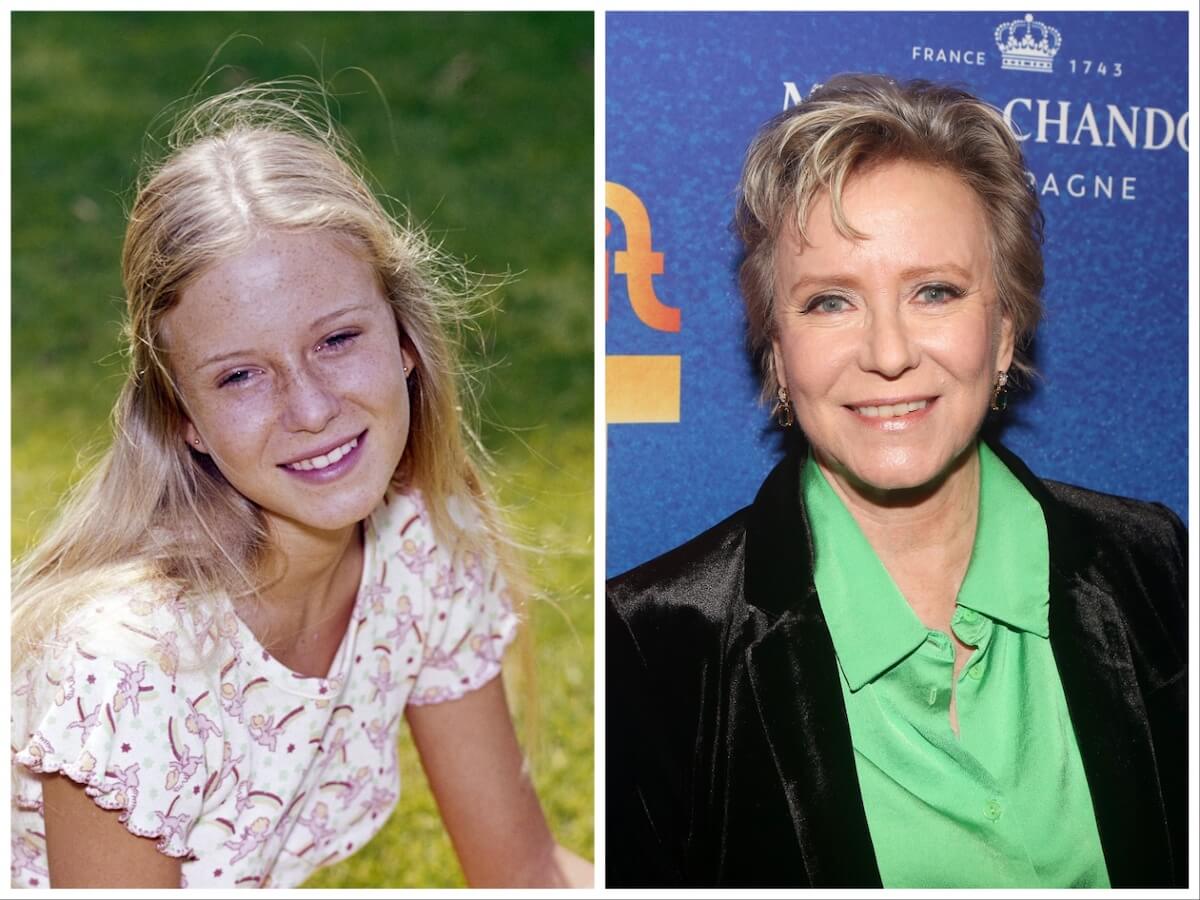 Smiling Eve Plumb as Jan Brady in 'The Brady Bunch' and as an adult with short hair in a green shirt