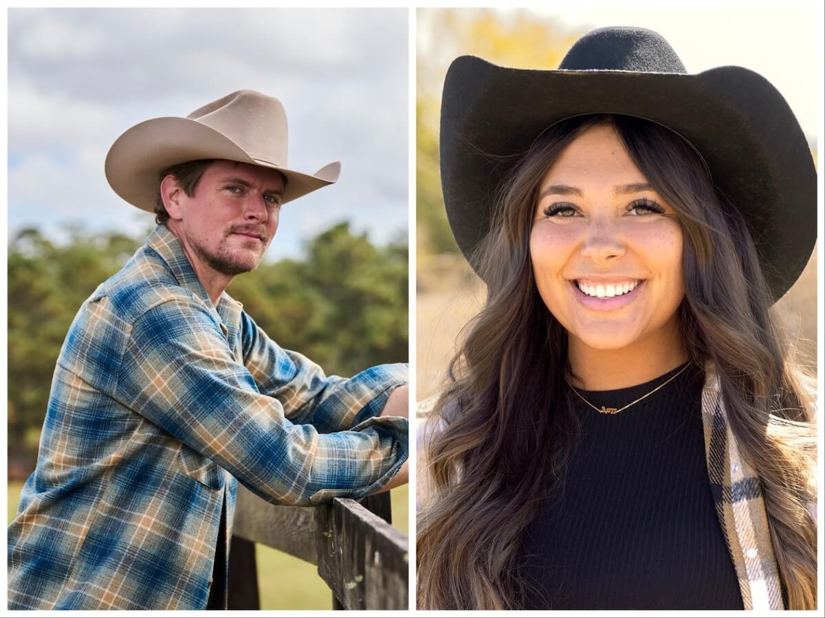 side-by-side portraits of Landon and Ashley from 'Farmer Wants a Wife,' both wearing cowboy hats