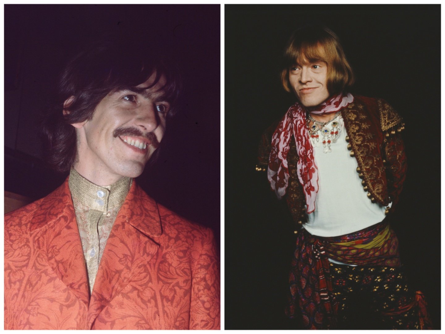 George Harrison wears an orange jacket. Brian Jones wears a scarf and necklace.