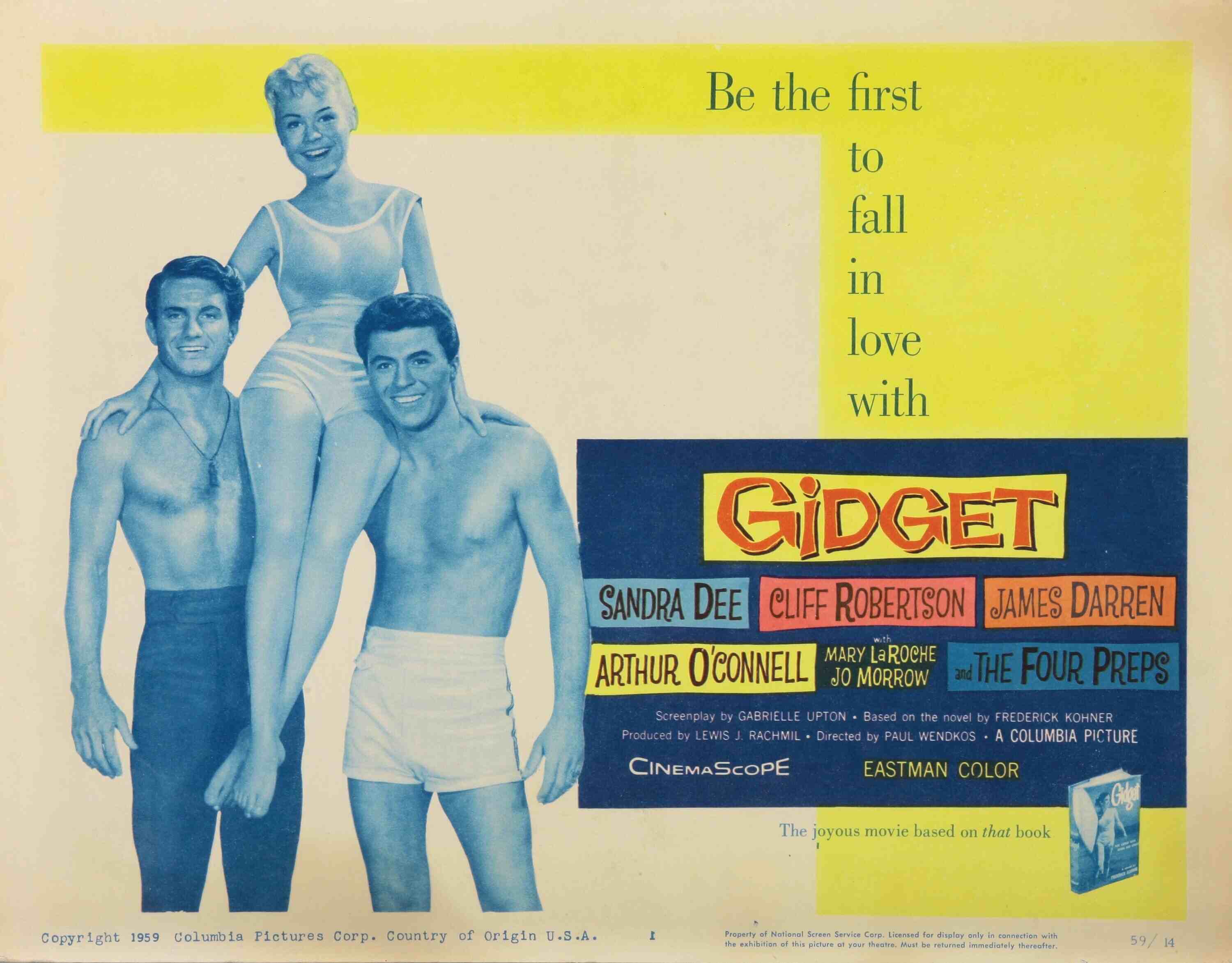 A lobbycard for 'Gidget' starring Cliff Robertson, Sandra Dee and James Darren. Sandra Dee was the first actor to take on the role of GIdget