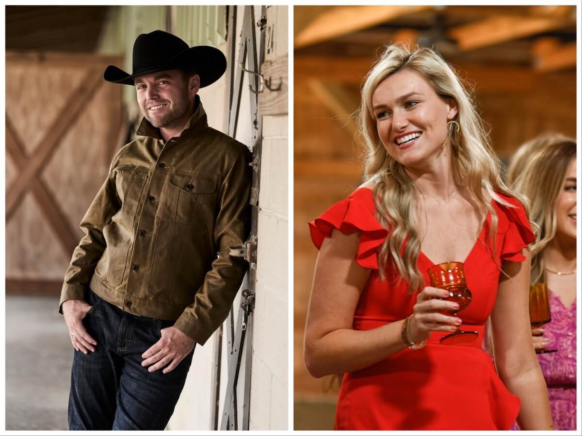 side-by-side images of Hunter, wearing a cowboy hat, and Meghan, in a red dress, from 'Farmer Wants a Wife'