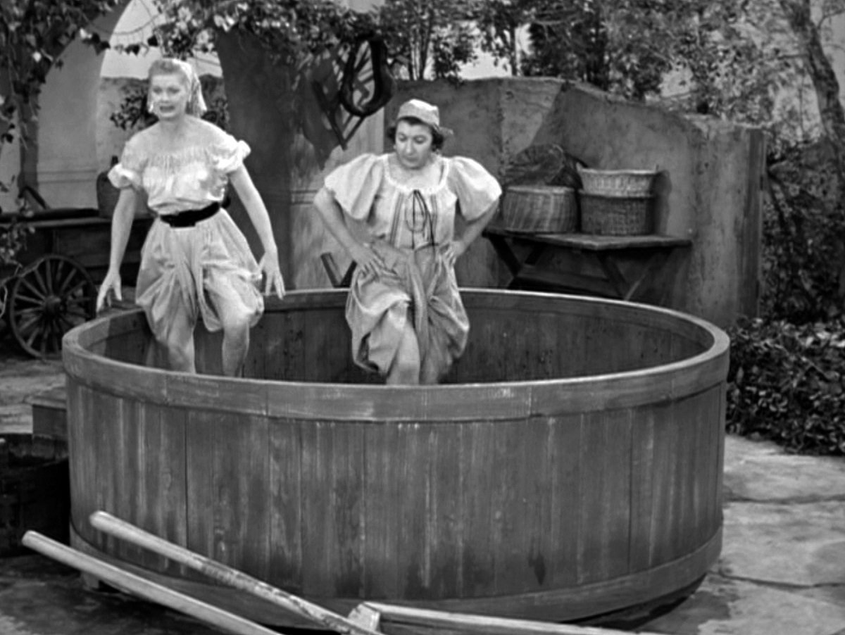 Lucille Ball and Teresa Tirelli stomp grapes in an unscripted 'I L;ove Lucy' episode. Ball named the episode "Lucy's Italian Movie" her favorite.