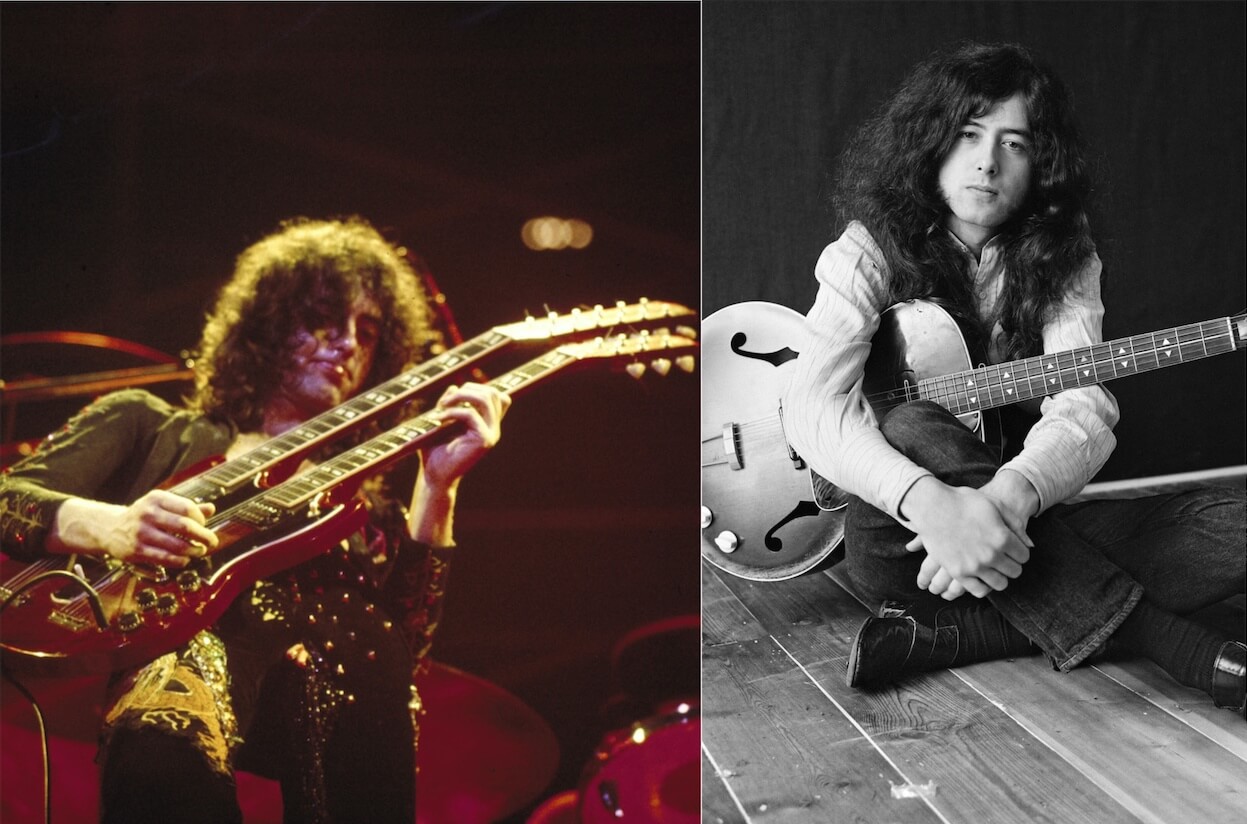Led Zeppelin's Jimmy Page playing a double-necked guitar in concert; Page holding an acoustic guitar at home in 1970.