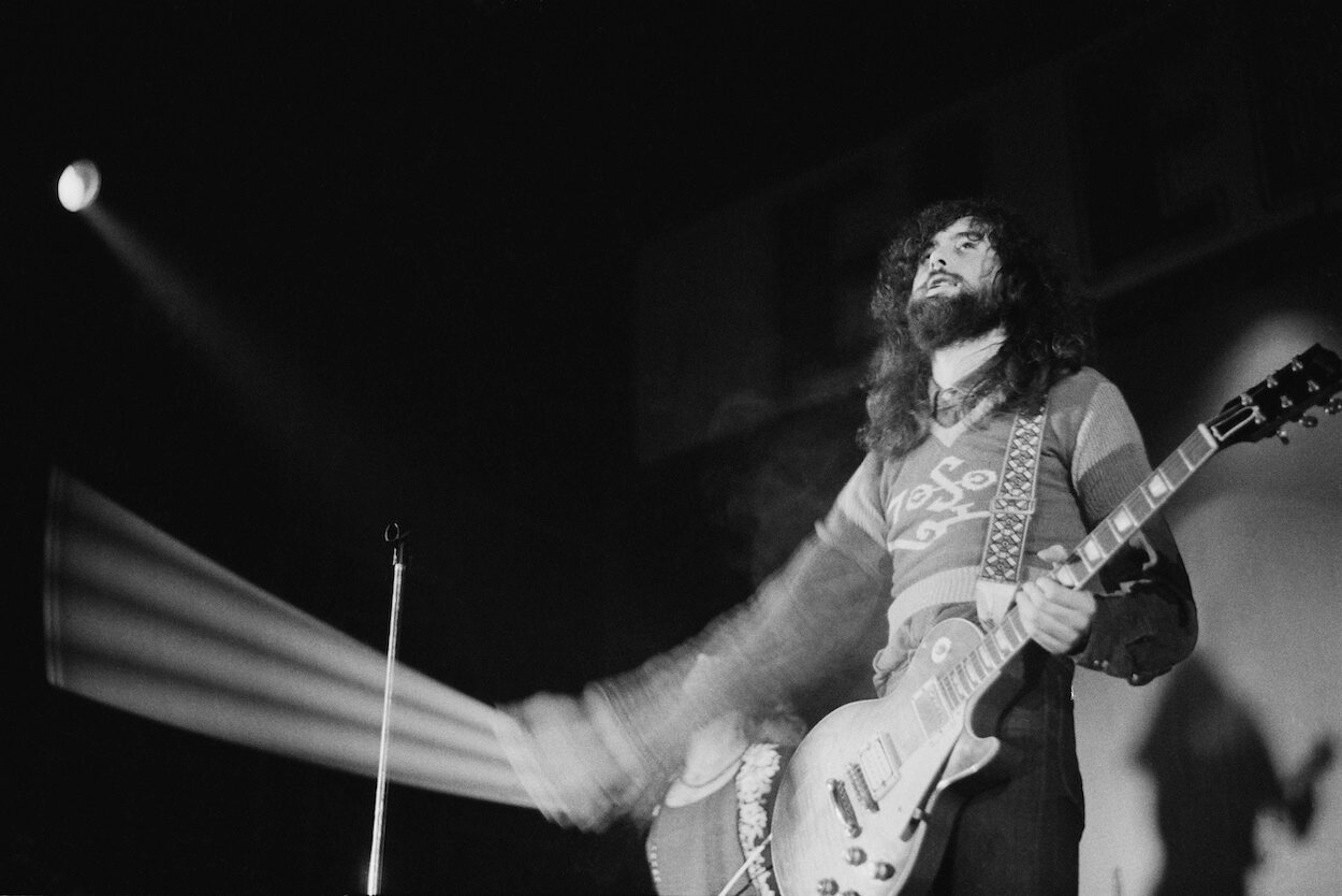 Led Zeppelin guitarist Jimmy Page using a violin bow on his guitar during a performance in London in November 1971.