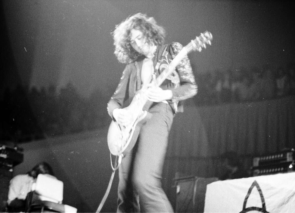 Led Zeppelin guitar player Jimmy Page performing with the band circa 1970.
