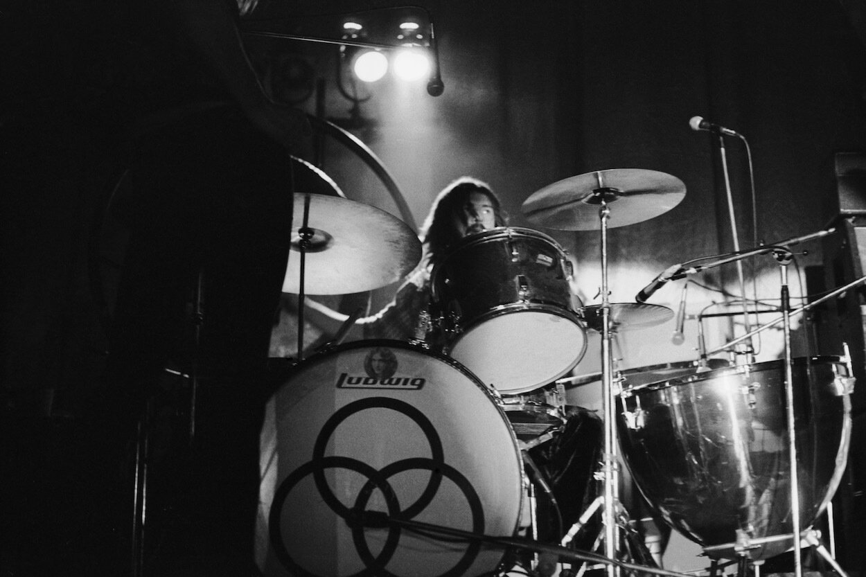 Led Zeppelin drummer John Bonham sitting behind his kit during a concert in Wales in 1972.