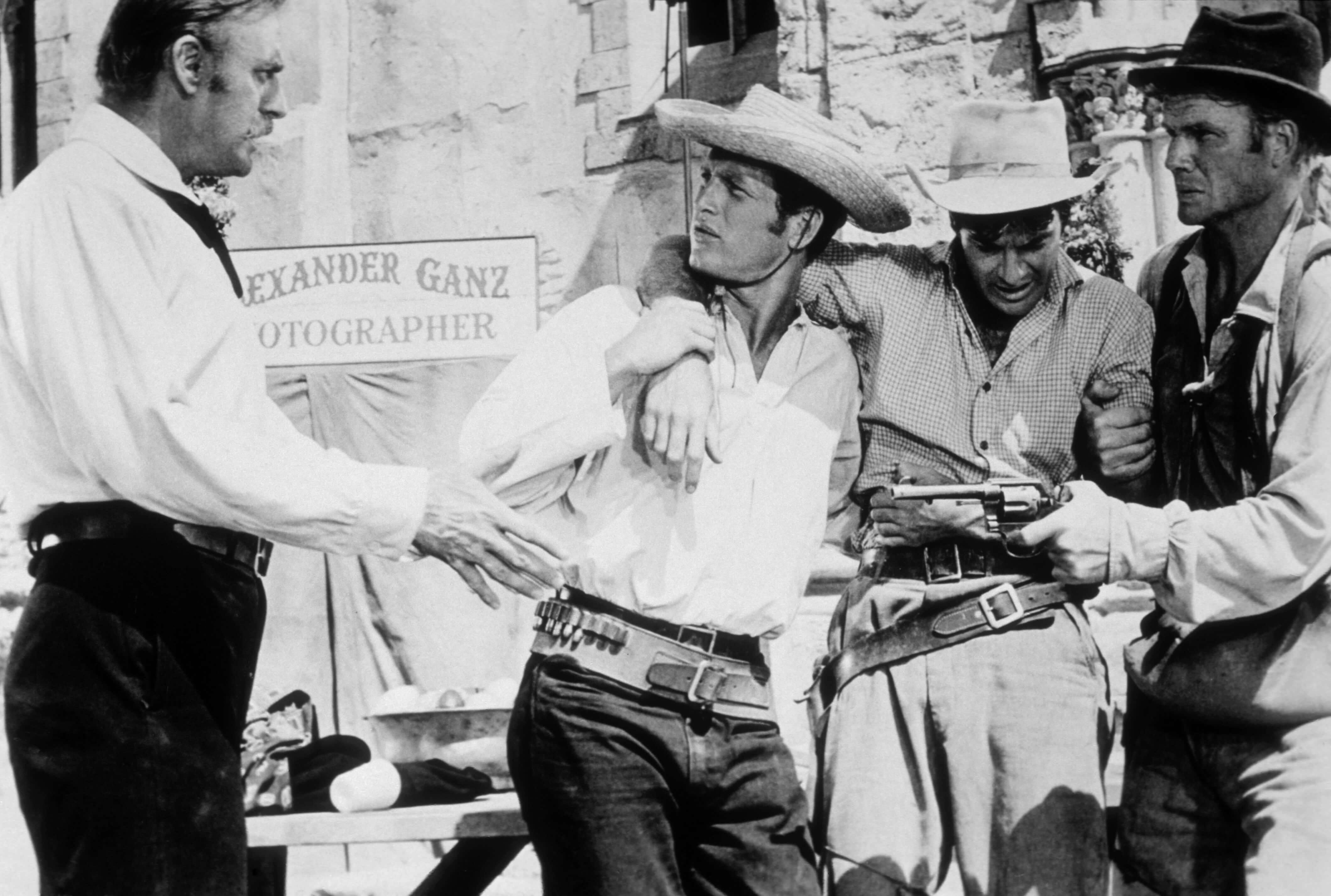 American actors Paul Newman, John Dehner and James Best on the set of The Left Handed Gun
