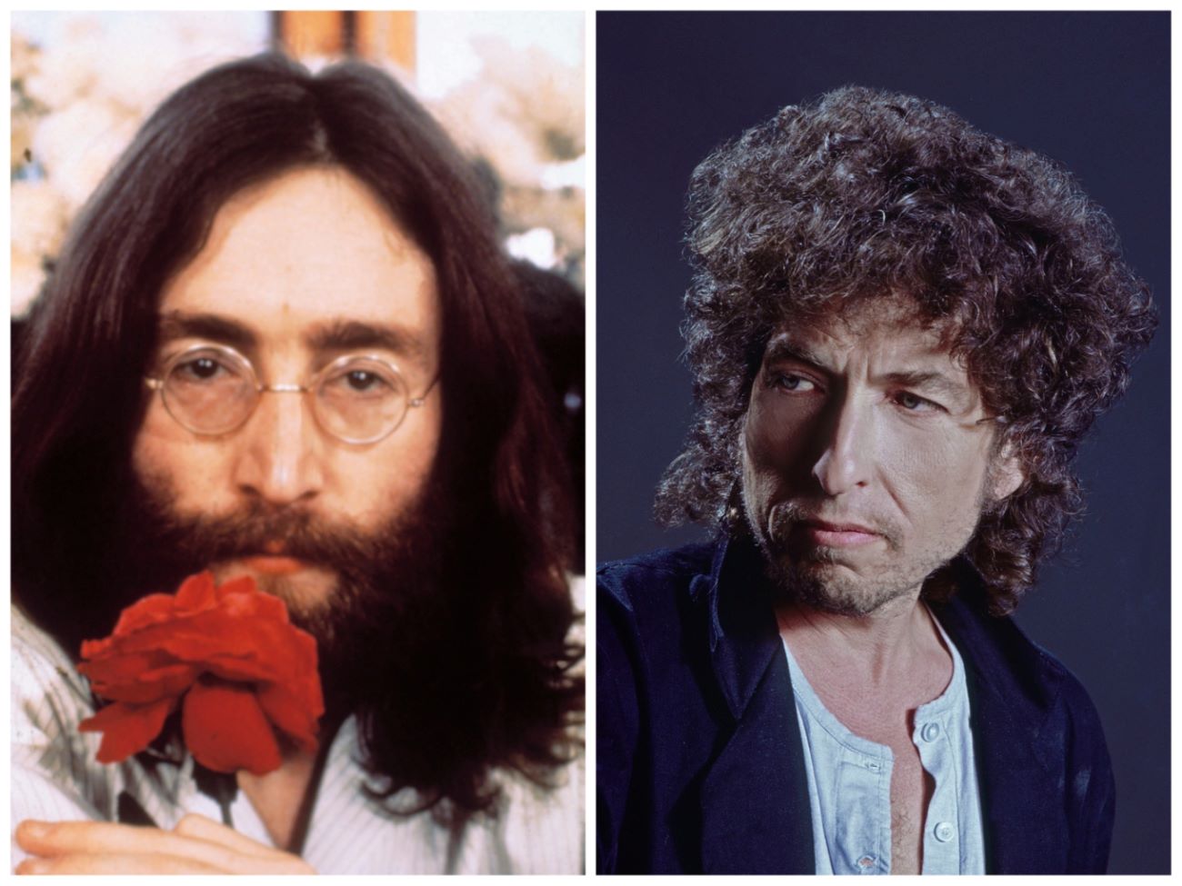 John Lennon wears glasses and holds a red flower up to his face. Bob Dylan wears a blue shirt and black jacket.