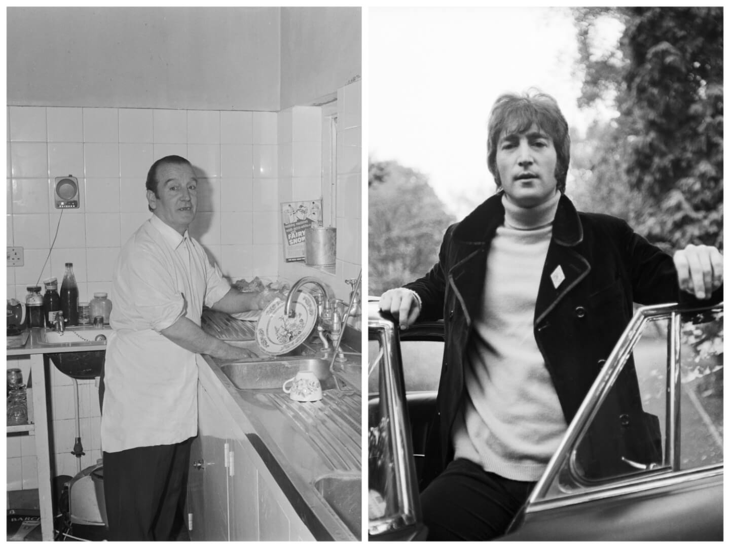 John Lennon's dad Alfred Lennon washes dishes at the sink. John Lennon stands behind an open car door.