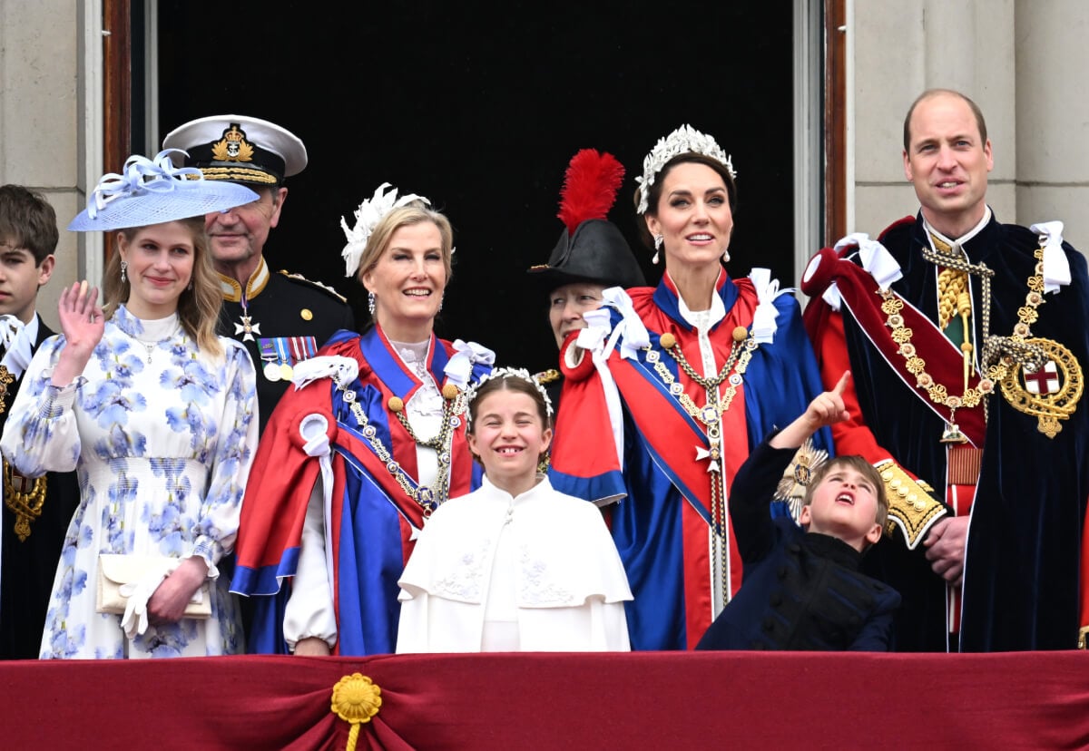 Lady Louise Windsor, Vice Admiral Sir Timothy Laurence, Sophie, Duchess of Edinburgh, Princess Charlotte of Wales, Anne, Princess Royal, Catherine, Princess of Wales, Prince Louis of Wales and Prince William, Prince of Wales gather on the Buckingham Palace central balcony after the Coronation service of King Charles III and Queen Camilla on May 06, 2023 in London, England
