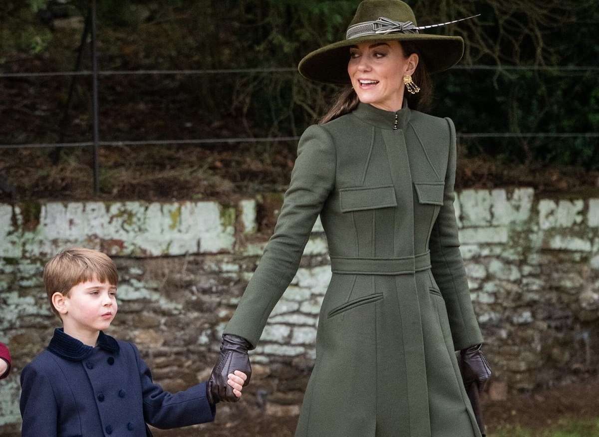 Kate Middleton, who a body language expert said has mixed emotions when asked a question about Prince Louis at the coronation, holding his hand as they attend the Christmas Day service