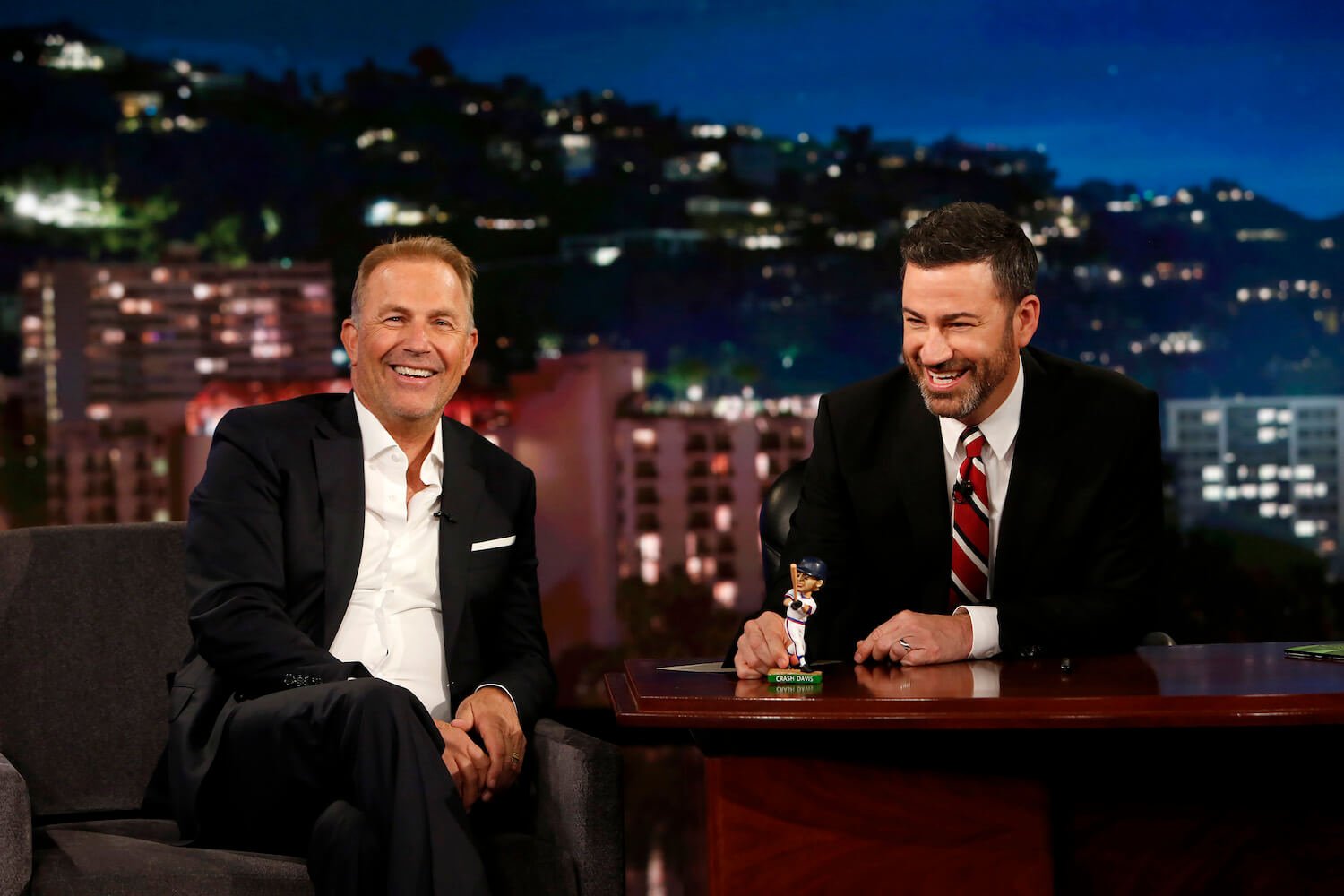 Kevin Costner from 'Yellowstone' Season 5 sitting next to Jimmy Kimmel on stage