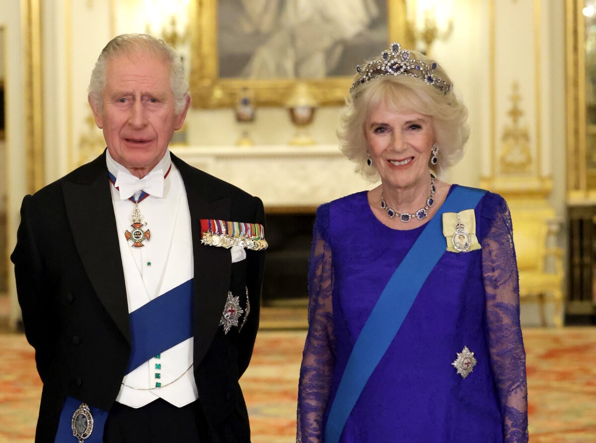 Camilla Parker Bowles, Queen Consort and King Charles III during the State Banquet at Buckingham Palace on November 22, 2022 in London, England