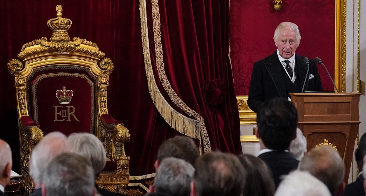 King Charles III, who a body language expert believes relies on another royal for confidence, speaks during a meeting of the Accession Council in the Throne Room inside St James's Palace