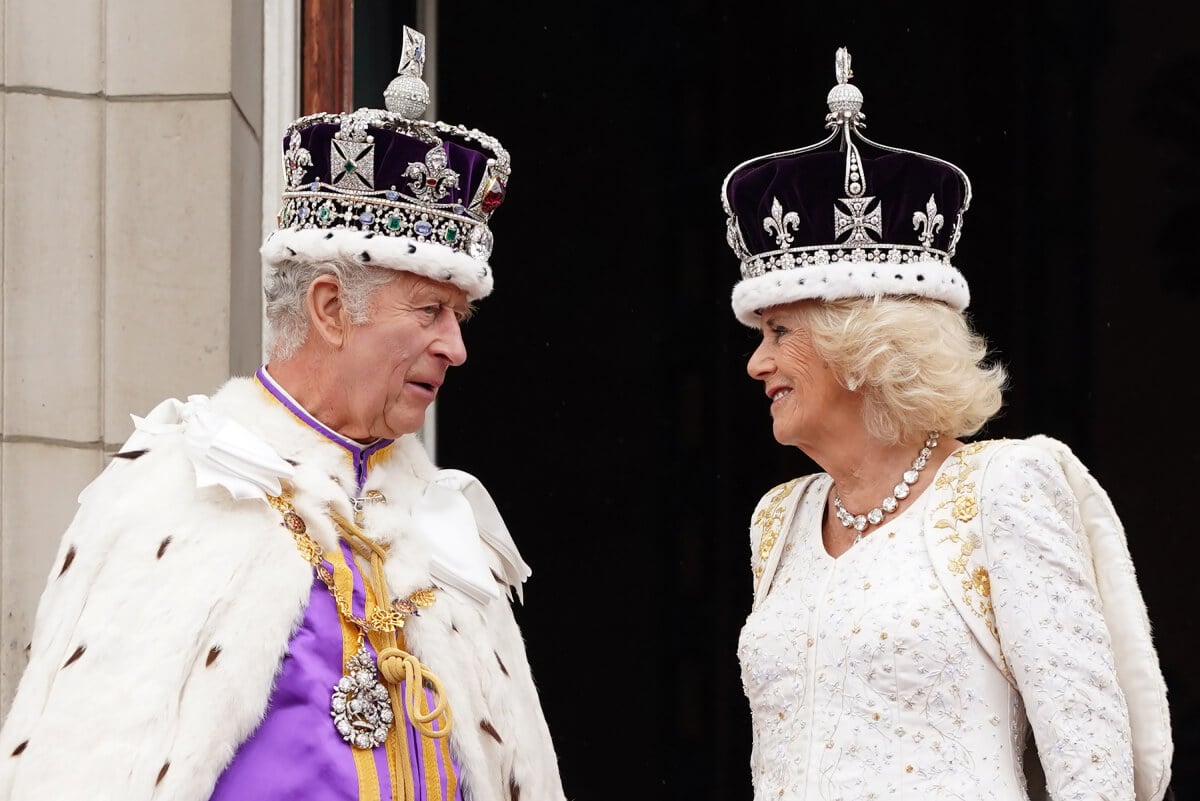 King Charles III and Queen Camilla on the balcony of Buckingham Palace following the coronation on May 06, 2023 in London, England