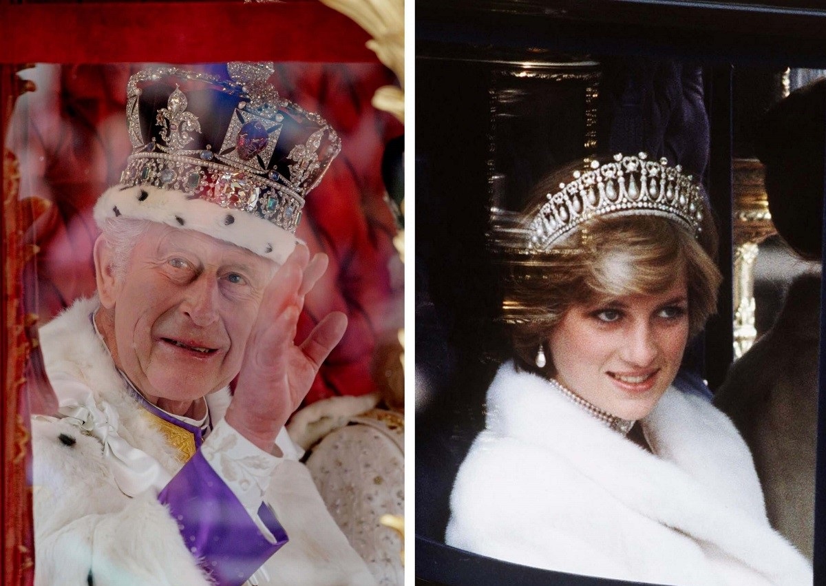 (L) King Charles III riding in a coach on his coronation day, (R) Princess Diana, who the king paid tribute to, riding in a coach