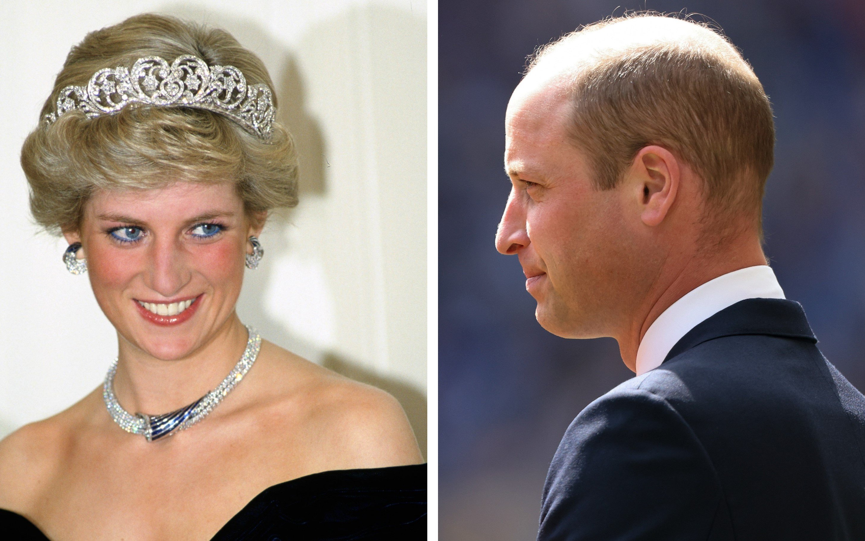 (L) Princess Diana, who a body language expert says Prince William sided with when he didn't bow to Camilla, at a banquet in Germany, (R): Prince William watching a soccer match in London