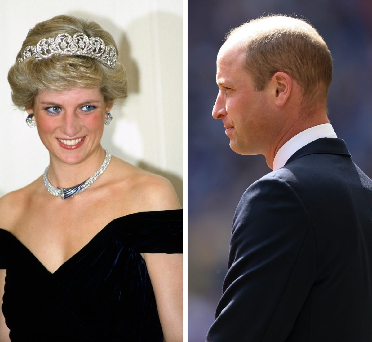 (L) Princess Diana at a banquet in Germany, (R) Prince William watching a soccer match in London