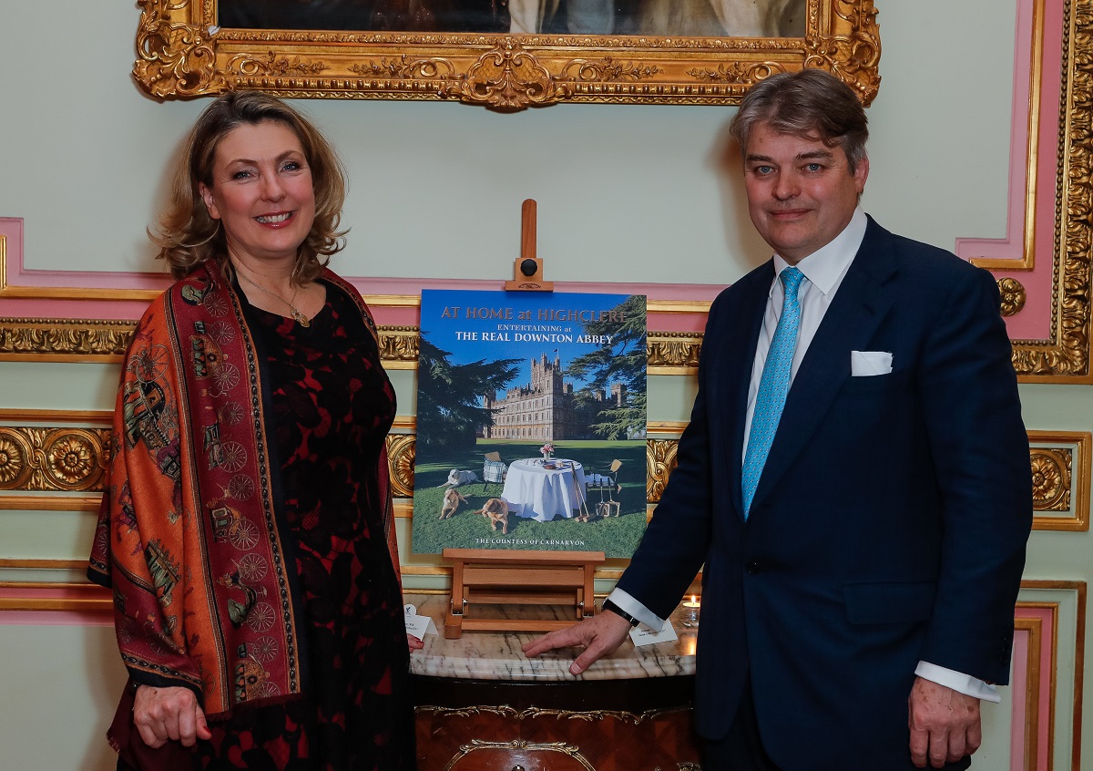 Lady Carnarvron and Lord Carnarvron attend the launch of book :At Home At Highclere Entertaining At The Real Downton Abbey"