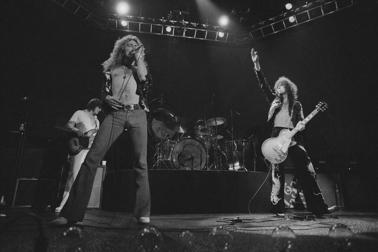 Led Zeppelin members (from left) John Paul Jones, Robert Plant, John Bonham (behind drum kit), and Jimmy Page performing in 1975.