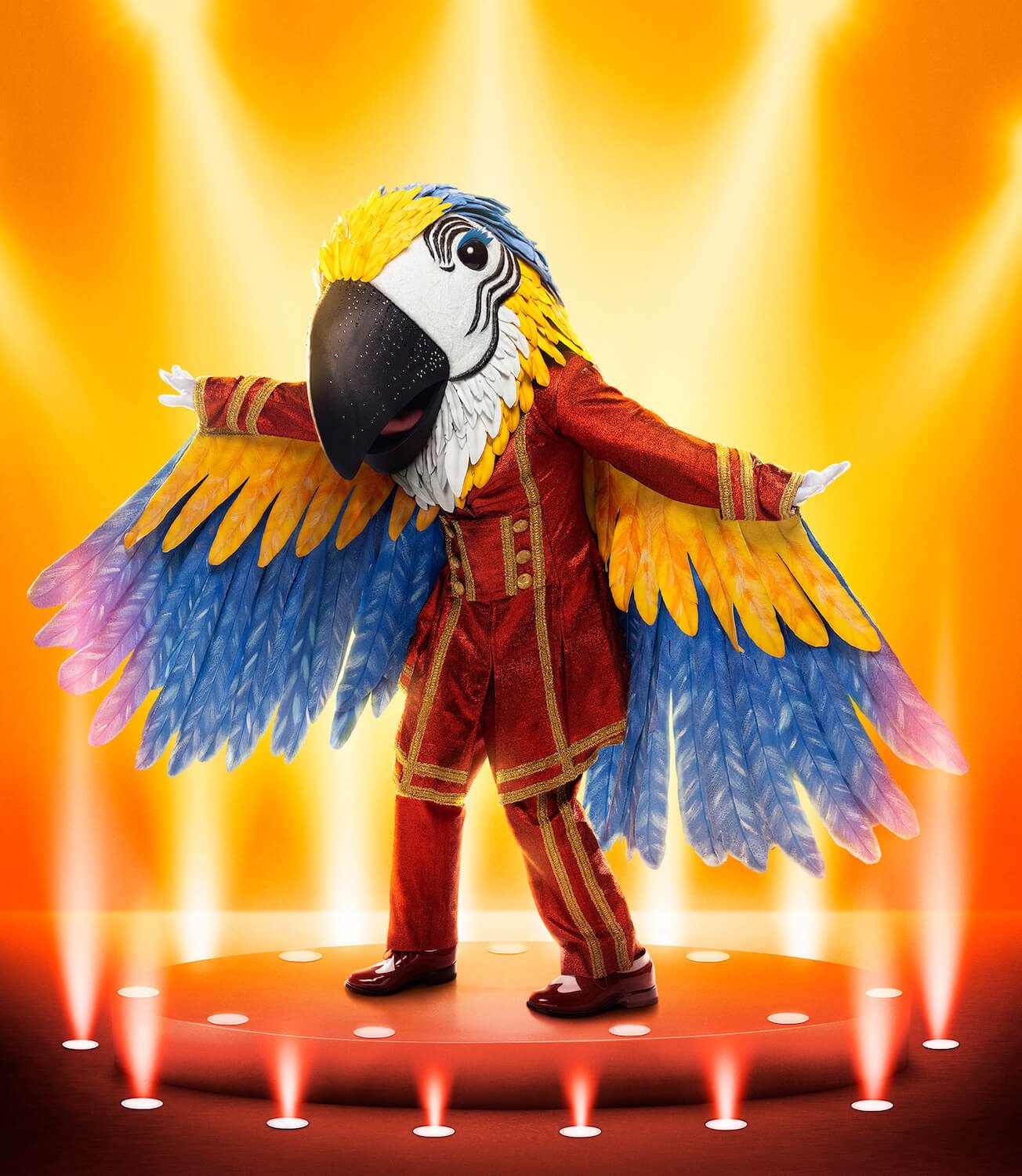 Macaw from 'The Masked Singer' Season 9 on stage with wings spread