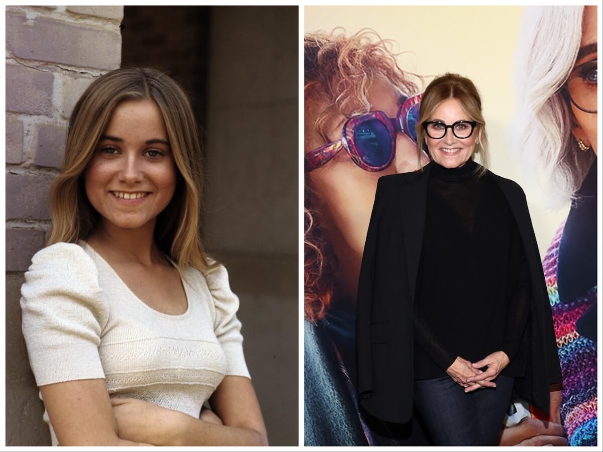 'The Brady Bunch' cast member Maureen McCormick, wearing a white knit top, and dressed in black as an adult