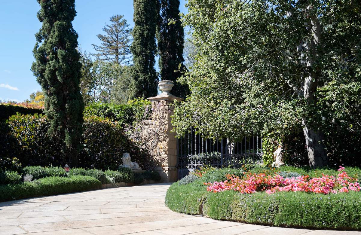 An exterior view of the gate of Prince Harry and Meghan Markle's Montecito home 