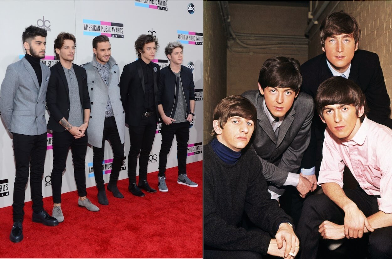 One Direction members (from left) Zayn Malik, Louis Tomlinson, Liam Payne, Harry Styles, and Niall Horan posing at a 2013 award show; Ringo Starr, Paul McCartney, John Lennon, and George Harrison of The Beatles circa 1965.