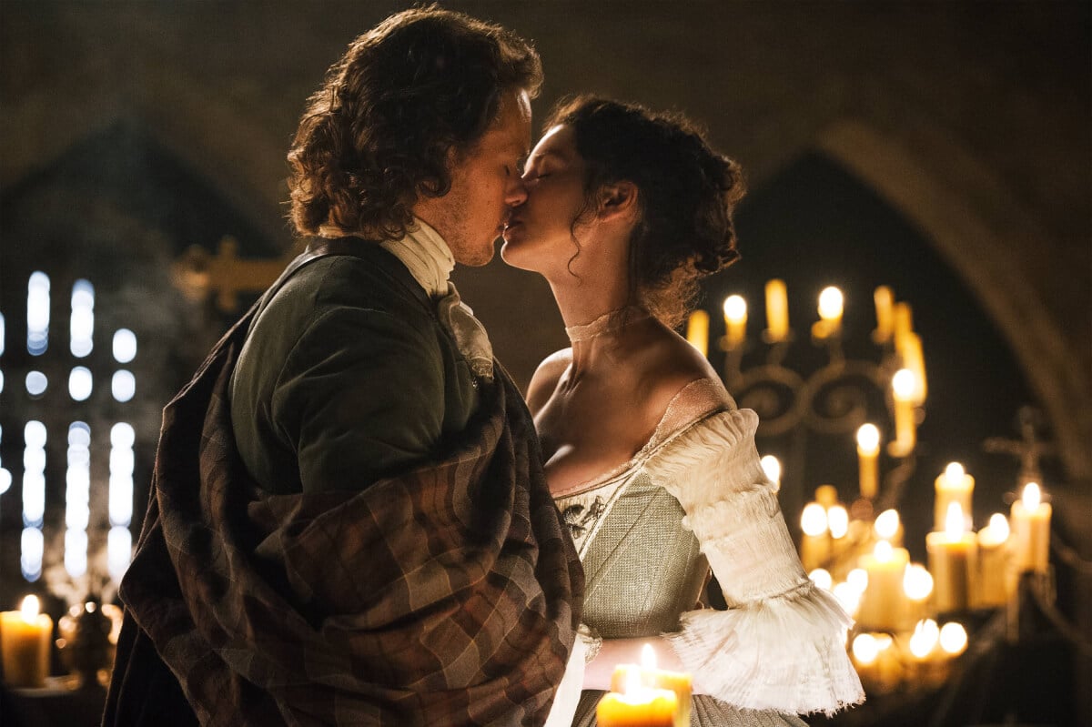 Outlander stars Sam Heughan and Caitriona Balfe as Jamie and Claire Fraser in an image from season 1