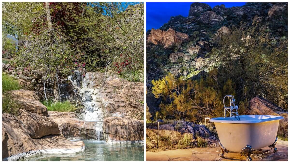 Photo of a desert waterfall next to a photo of an outdoor bathtub