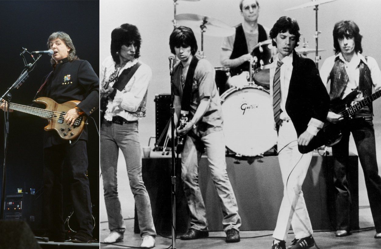 Paul McCartney playing bass during a 1996 concert; Ronnie Wood (from left), Keith Richards, Charlie Watts, Mick Jagger, and Bill Wyman performing circa 1976.