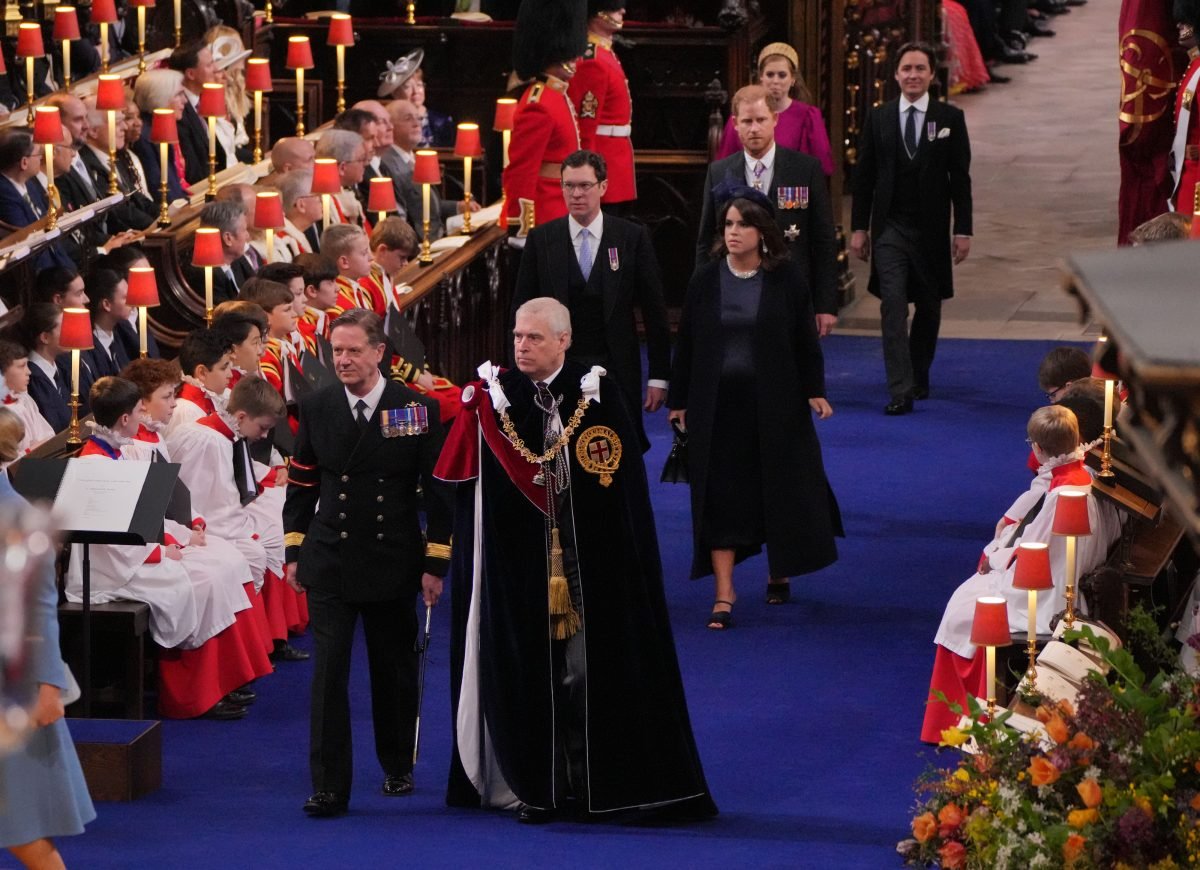 Prince Andrew, Princess Eugenie and Jack Brooksbank, Prince Harry, Princess Beatrice, and Edoardo Mapelli Mozzi attend the coronation of King Charles III 