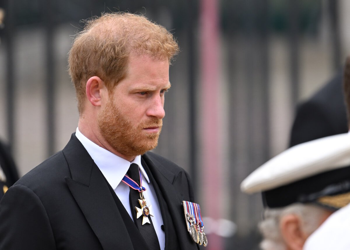 Prince Harry, Duke of Sussex during the State Funeral of Queen Elizabeth II at Westminster Abbey on September 19, 2022 in London, England
