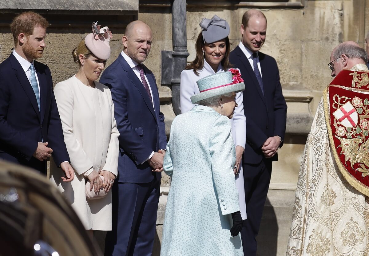 Prince Harry, Zara Tindall, Mike Tindall, Kate Middleton, and Prince William greet Queen Elizabeth II as she arrives for the Easter Sunday service in 2019