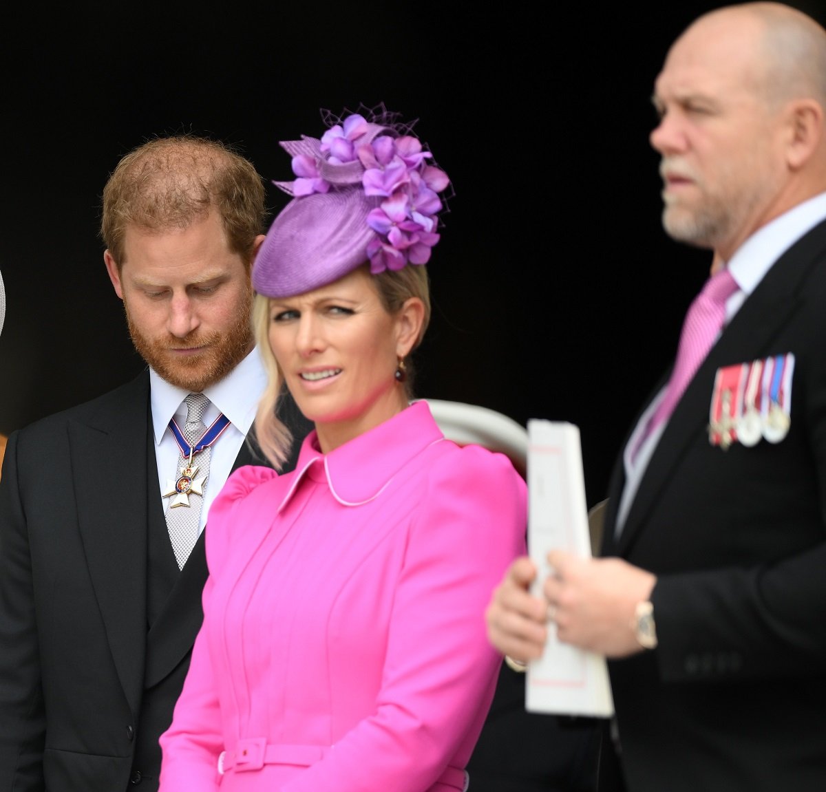 Prince Harry, Zara Tindall, and Mike Tindall following the service of Thanksgiving for Queen Elizabeth's reign
