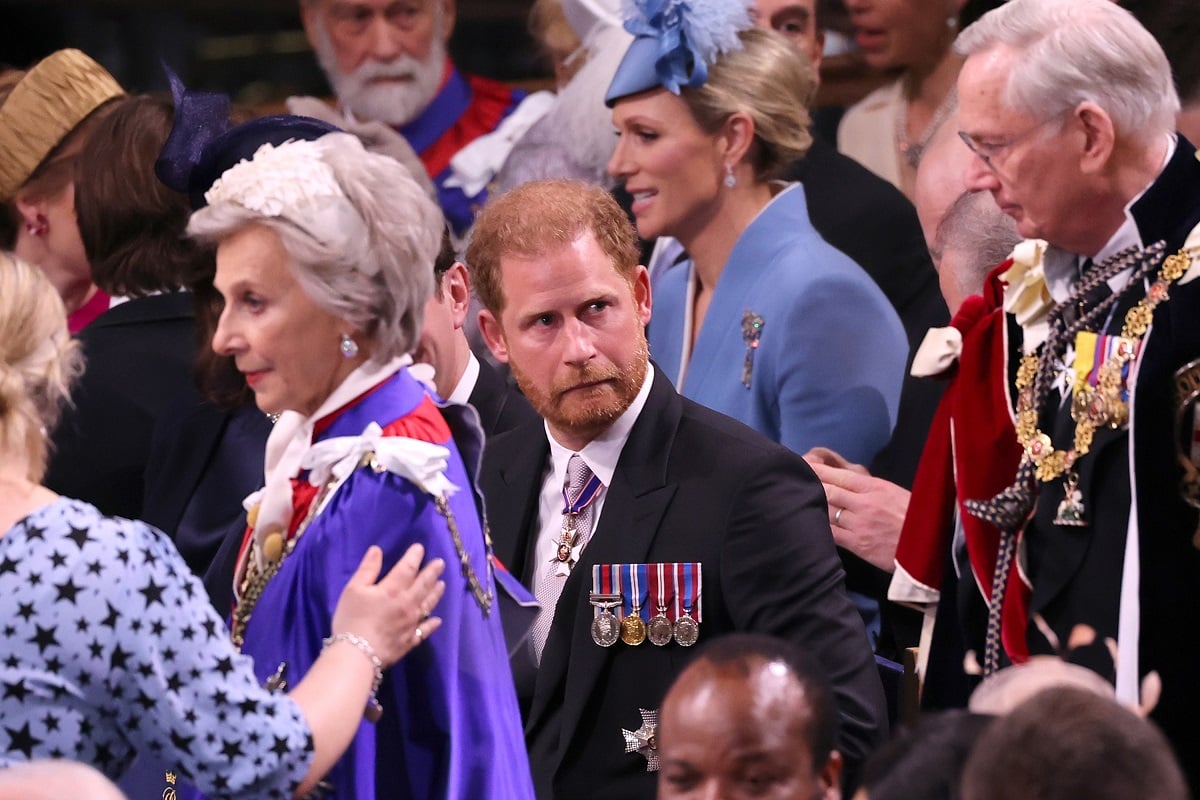Prince Harry makes a face during the coronation of King Charles III and Queen Camilla at Westminster Abbey