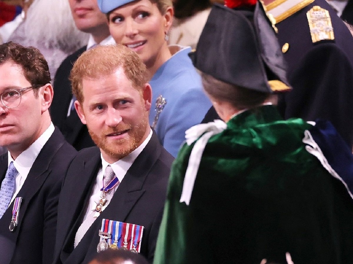Prince Harry speaks to Princess Anne, who a body language expert noticed him making a bizarre gesture toward during King Charles III's coronation