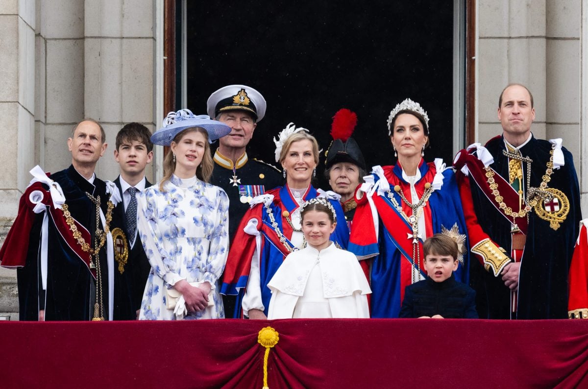 Princess Anne and members of the royal family standing on the Buckingham Palace balcony following the coronation ceremony of King Charles III