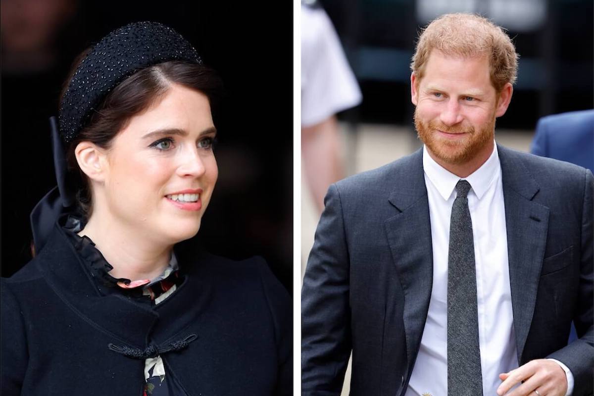 Princess Eugenie, who has had a closeness with Prince Harry's exes, in 2021 and Prince Harry in 2023, smiling and looking on