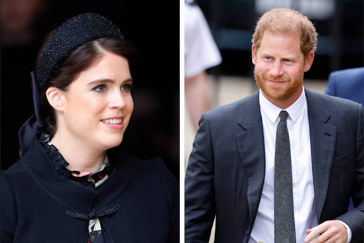 Princess Eugenie, who has had a closeness with Prince Harry's exes, in 2021 and Prince Harry in 2023, smiling and looking on 