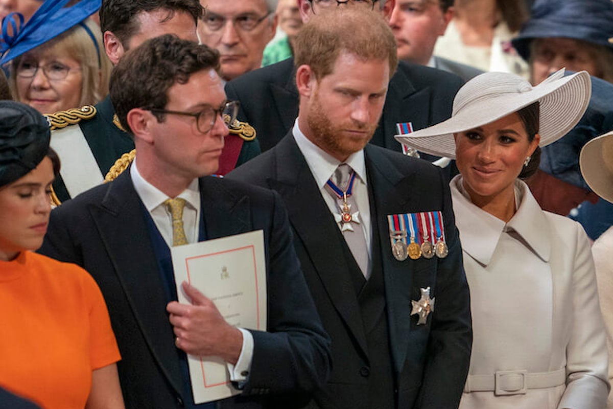 Princess Eugenie, who has a history of being close with Prince Harry's exes, stands with Jack Brooksbank, Prince Harry, and Meghan Markle