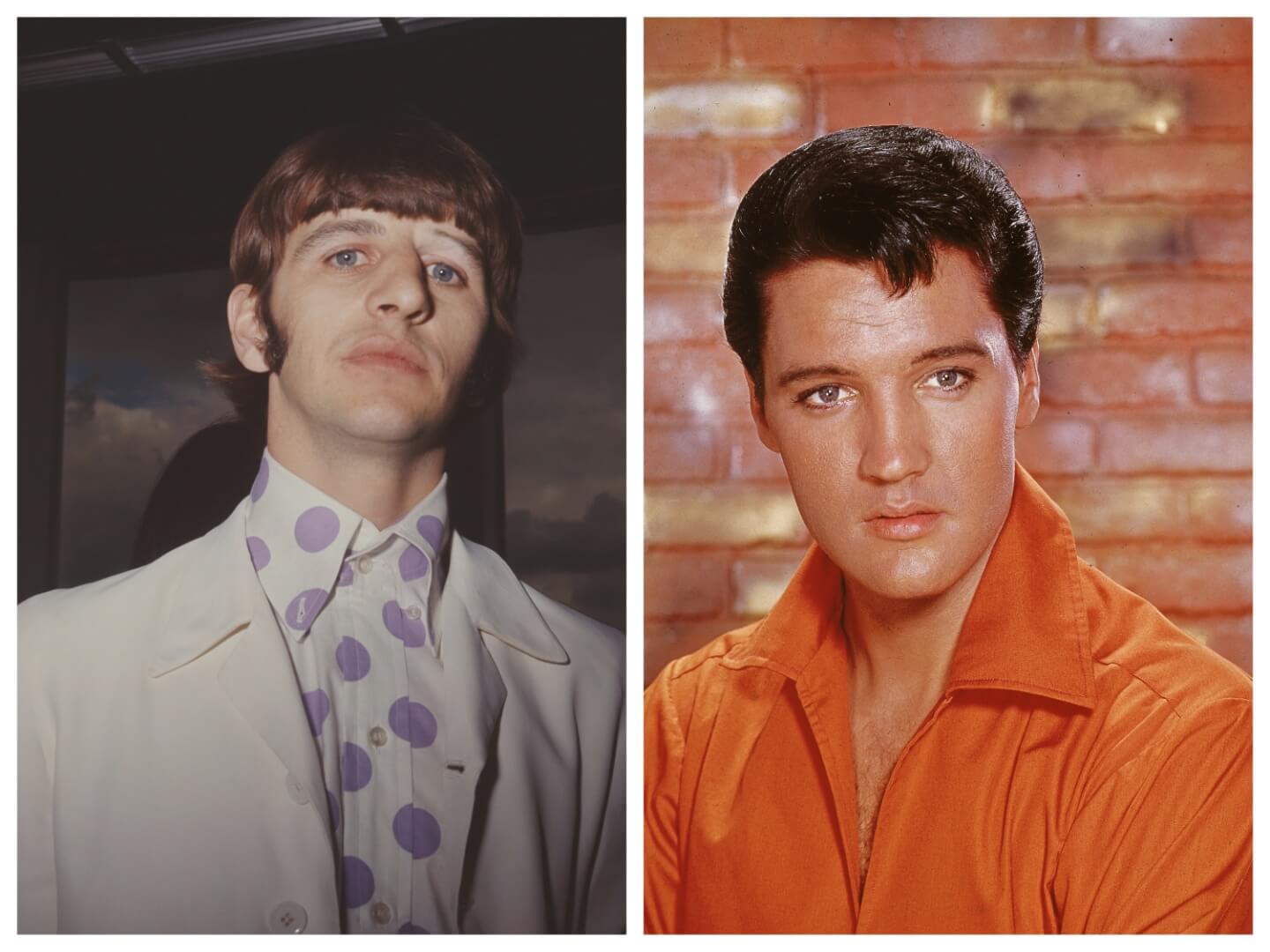 Ringo Starr wears a white shirt with purple polka dots and a white jacket. Elvis Presley wears an orange shirt in front of a brick wall.