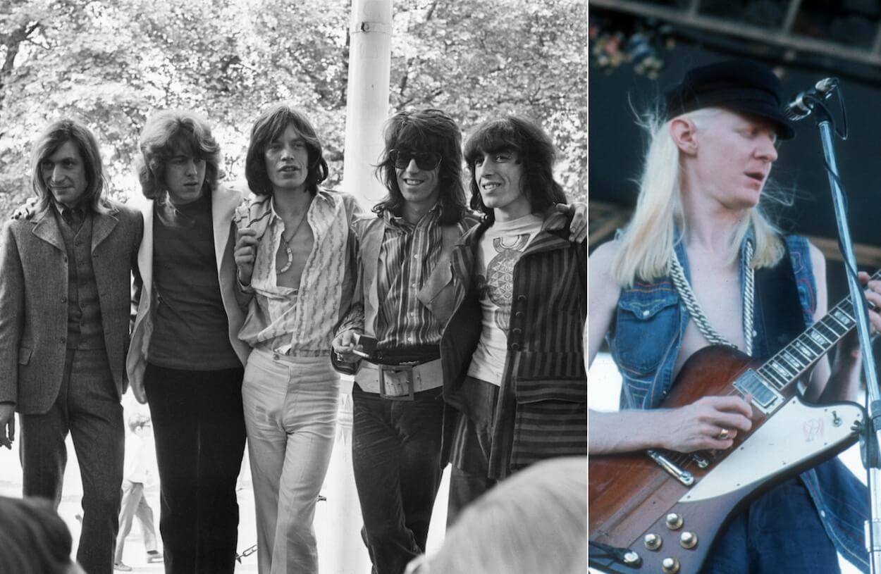 Rolling Stones members (from left) Charlie Watts, Mick Taylor, Mick Jagger, Keith Richards, and Bill Wyman stand together; Johnny Winter playing guitar.