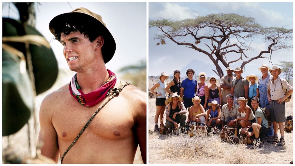 Shirtless 'Survivor: Africa' cast member Silas Gaither next to group photo of entire group of 'Survivor' contestants