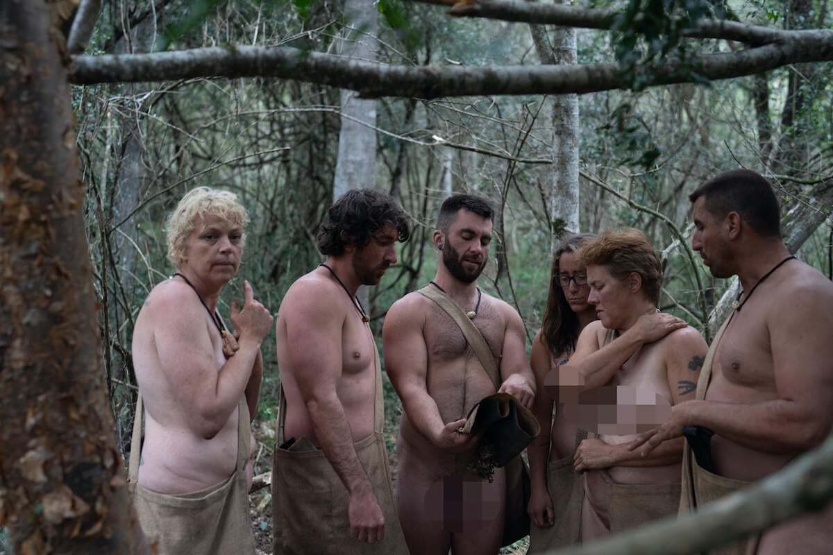 'Naked and Afraid: Last One Standing' contestants Stacey, Jeff, Dan, Cheeny, Gwen looking at a map