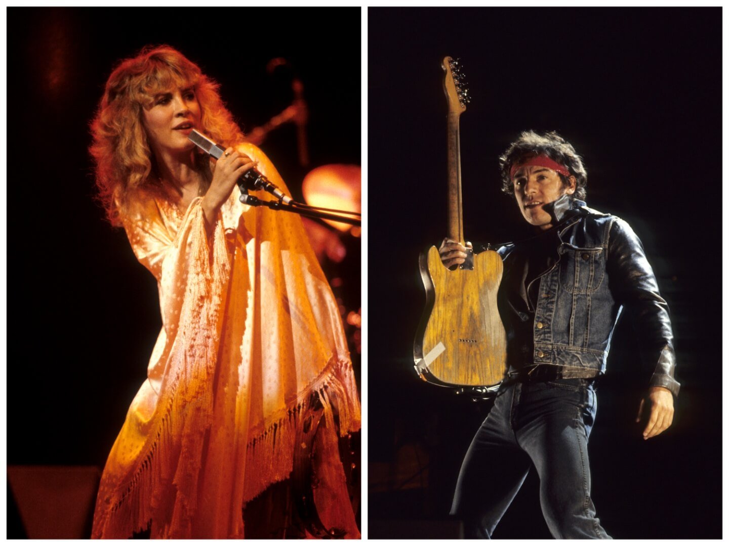 Stevie Nicks wears a shawl and sings into a microphone. Bruce Springsteen wears a denim jacket and red bandana around his head and holds a guitar.