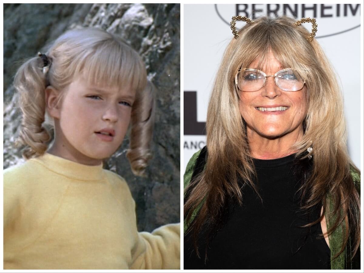 Susan Olsen as Cindy Brady in 'The Brady Bunch' and in 2022, wearing glasses